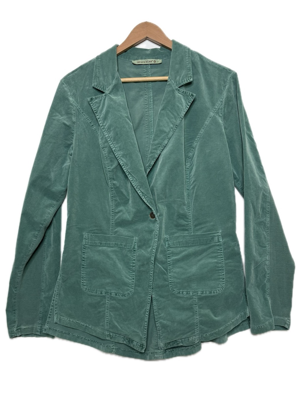 XCVI Wearables Stretch Corduroy Long Blazer Womens Size Large Green Patch Pocket